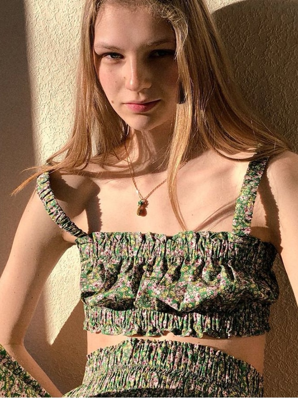Zara printed green floral bubble crop top small
